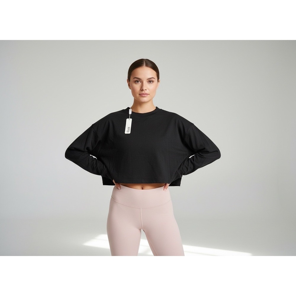 NWT Glam Los Angeles Womens M Black Long Sleeve Crop Top Crewnek